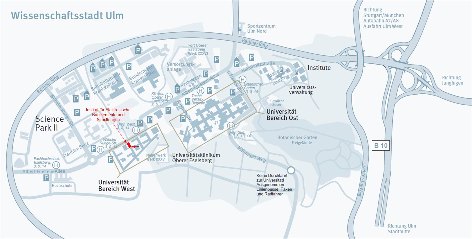 Anfahrtsbeschreibung zur Wissenschaftsstadt in Ulm.