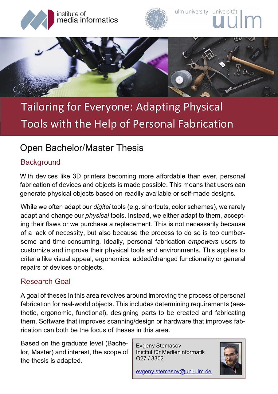 Kurzvorschau zum Thema "Tailoring for Everyone: Adapting Physical Tools with the Help of Personal Fabrication". Verlinkt auf die zugehörige PDF-Datei.
