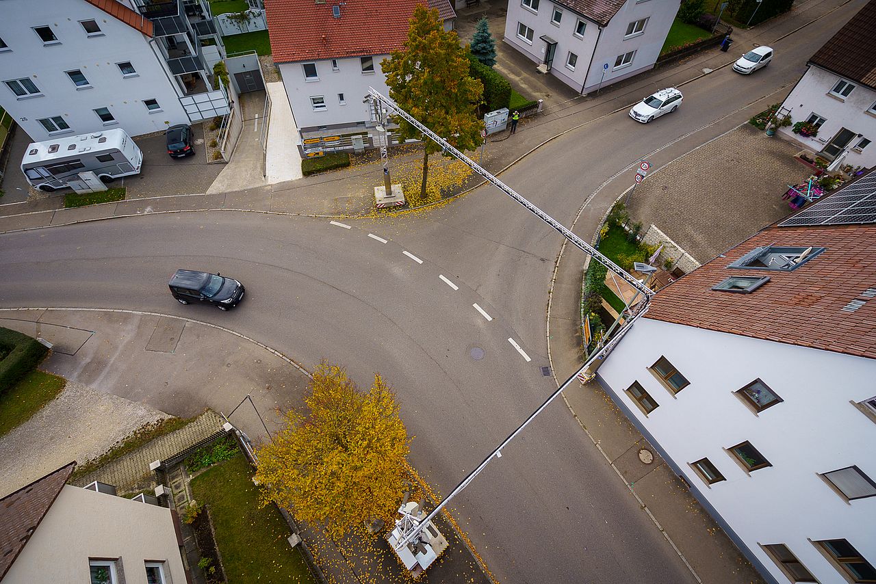 Kreuzungsbereich der Pilotanlage Lehr mit Traversen aus der Vogelperspektive