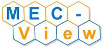 Logo des Projekts MEC-View (Schriftzug MEC-View in sechseckigen Feldern)
