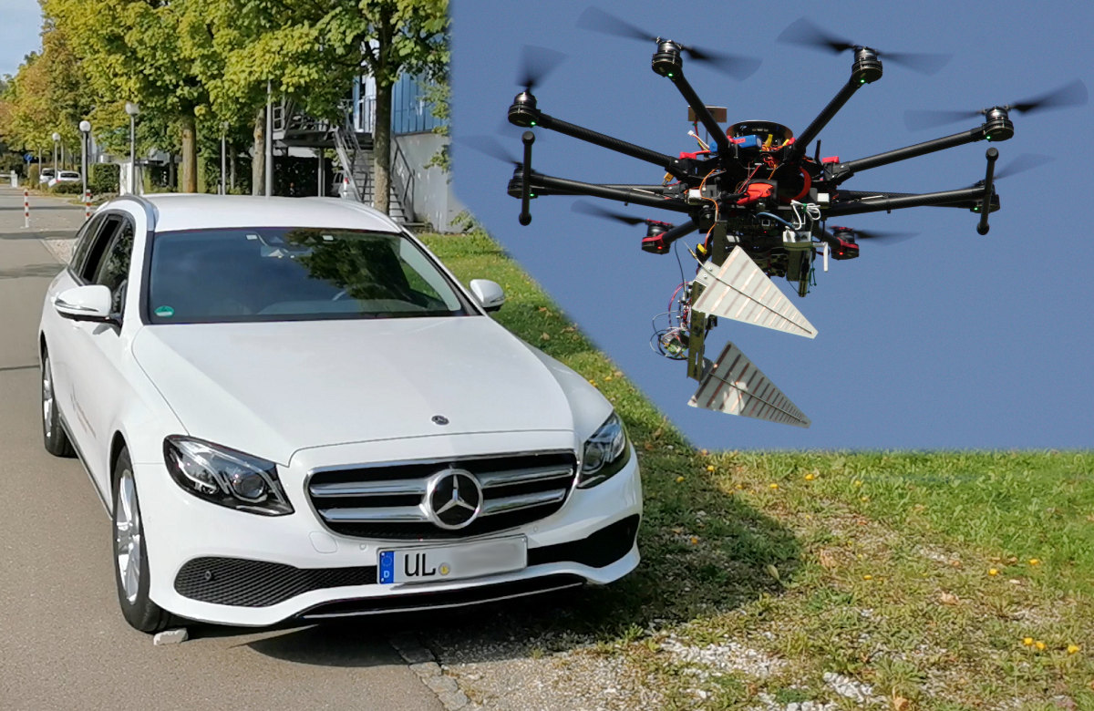 Moderner PKW und Lastendrohne als Versuchsträger