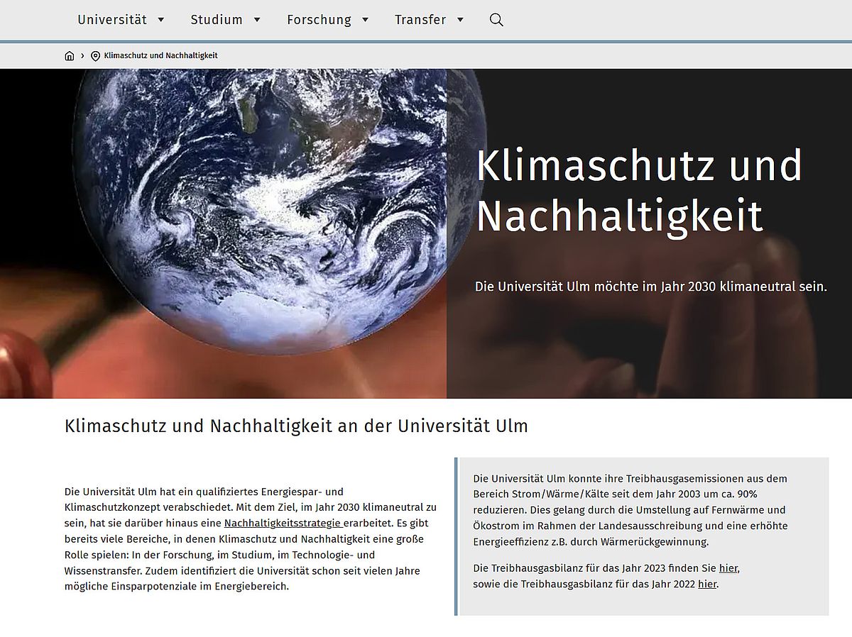 Im Jahr 2023 hat die Universität Ulm eine eigene Nachhaltigkeitsstrategie verfasst, die sie nun Schritt für Schritt in die Tat umsetzt (Screenshot der Seite) 