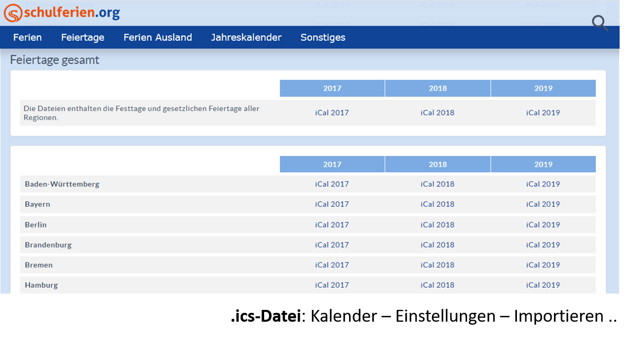 (2) Kalender importieren (mit freundlicher Genehmigung von schulferien.org)