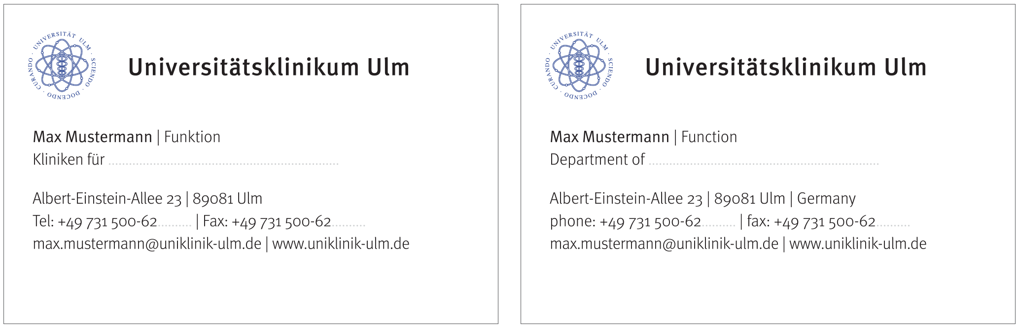Bilinguale Mustervisitenkarte des Universitätsklinikums Ulm