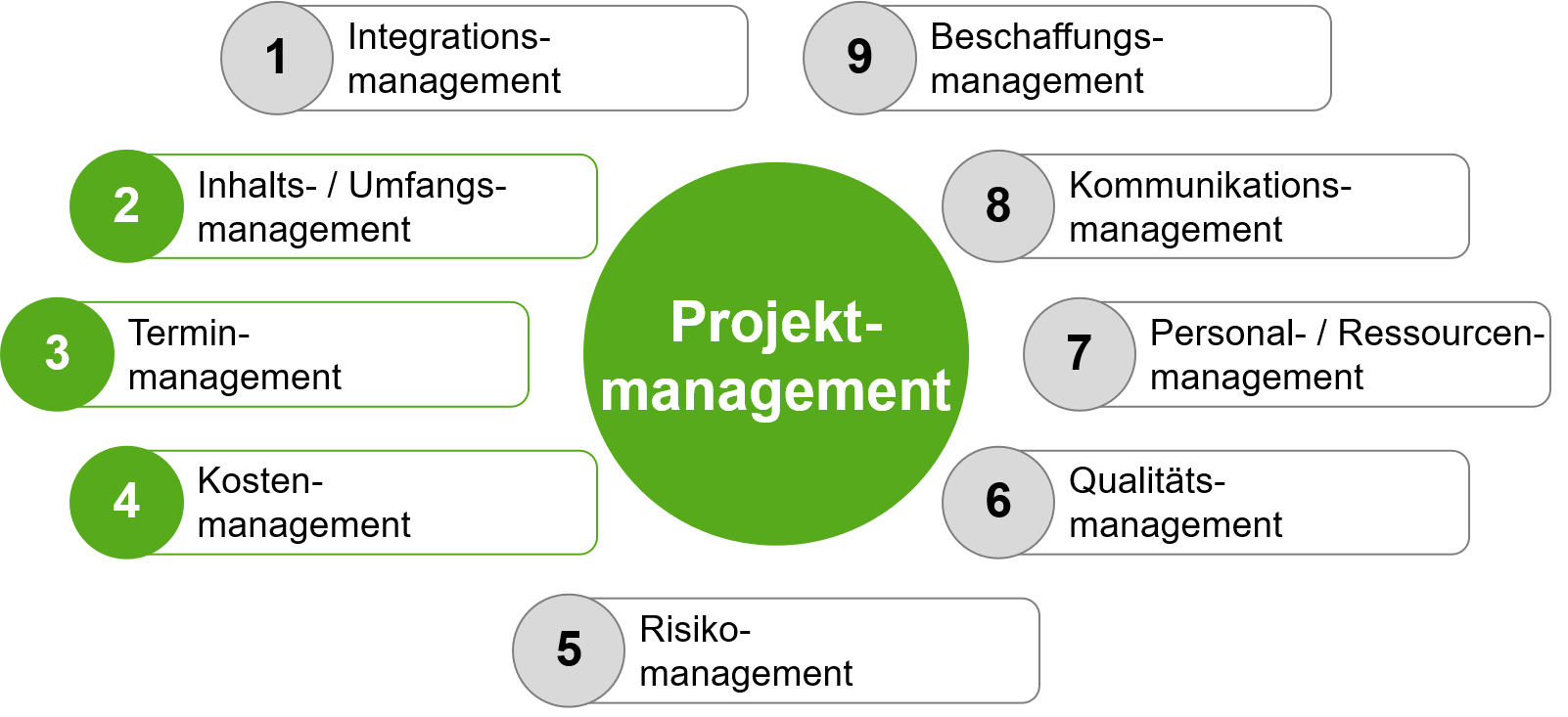 Infographik: Projektmanagement umfasst neun verschiedene Managementaufgaben wie Termin-, Kosten, Kommunikationsmanagement usw.