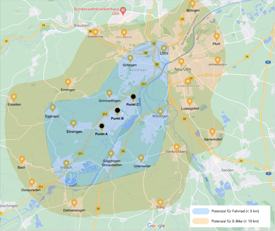Geographische Karte mit möglichem Einzugsgebiet für Radpendler