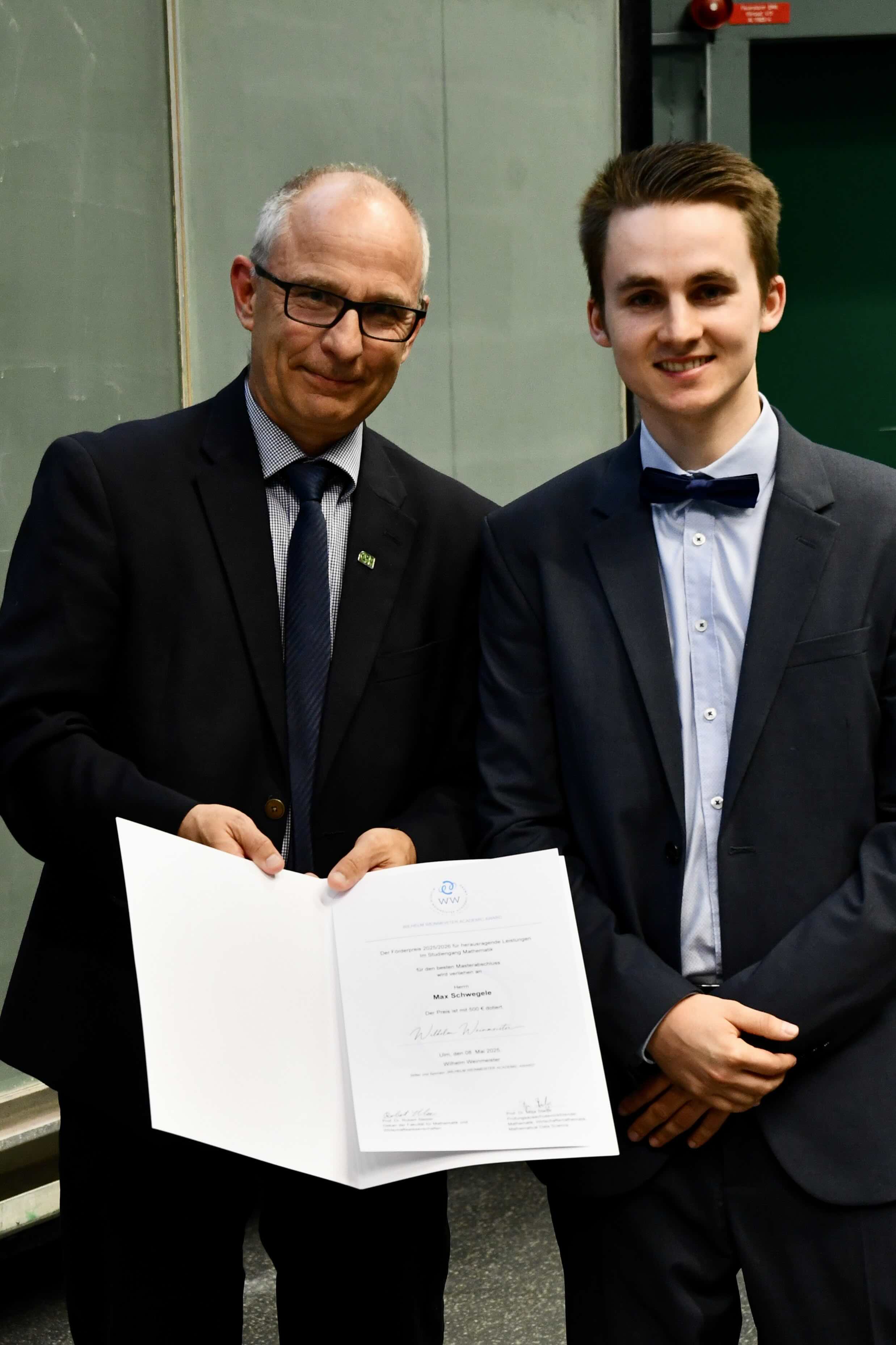 Mr Max Schwegele has been awarded the prize for the best final results in the MSc Mathematics programme.