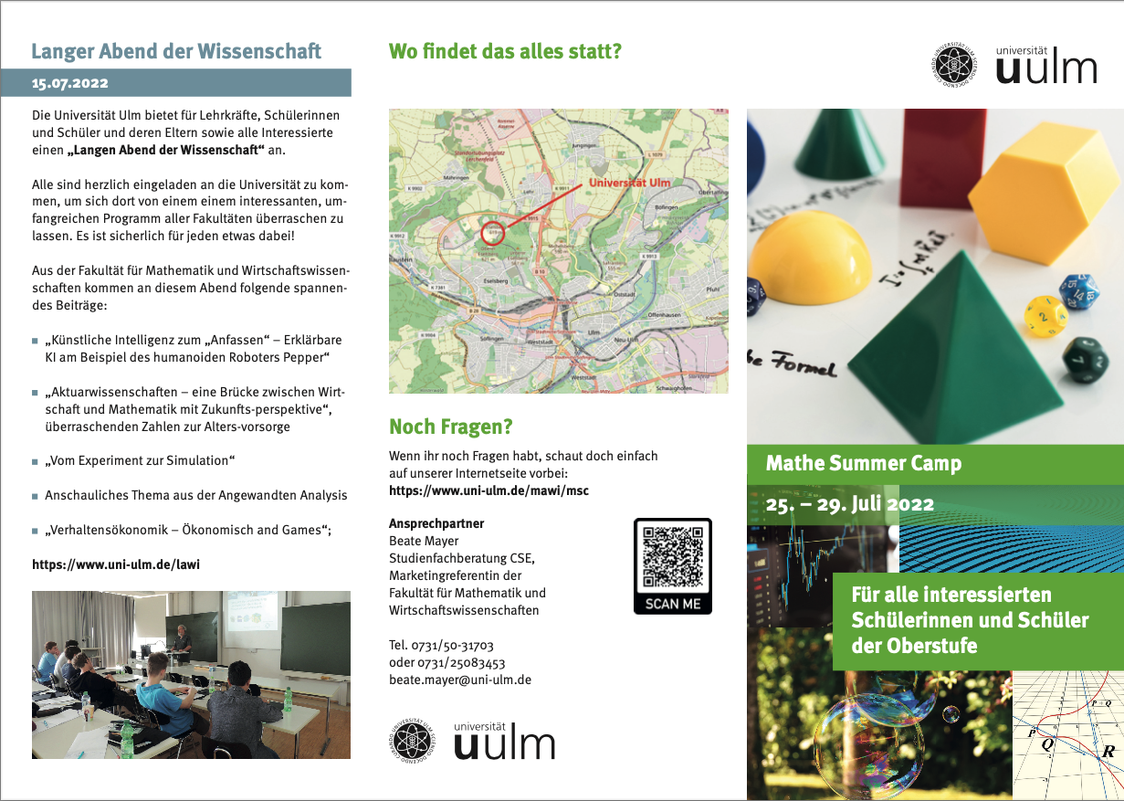 Flyer vom Mathe Summer Camp 2022, Angebot für Studieninteressierte Oberstufenschülerinnen und Schüler der Mathematik, Universität Ulm