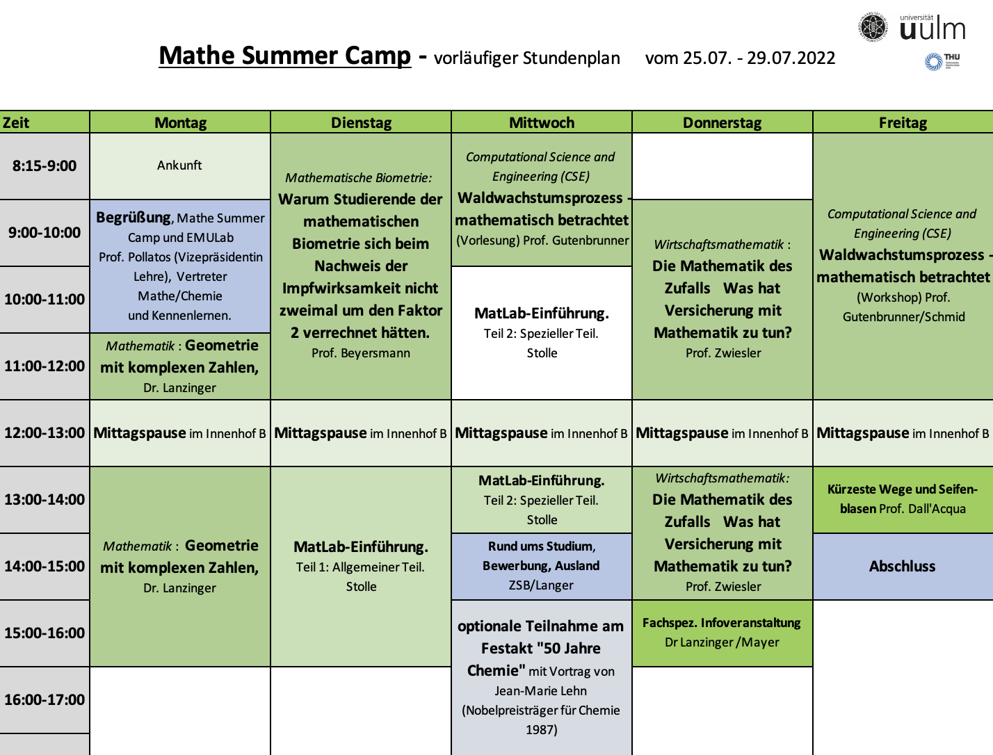 Programm Mathe Summer Camp Uni Ulm, mathematische Studiengänge