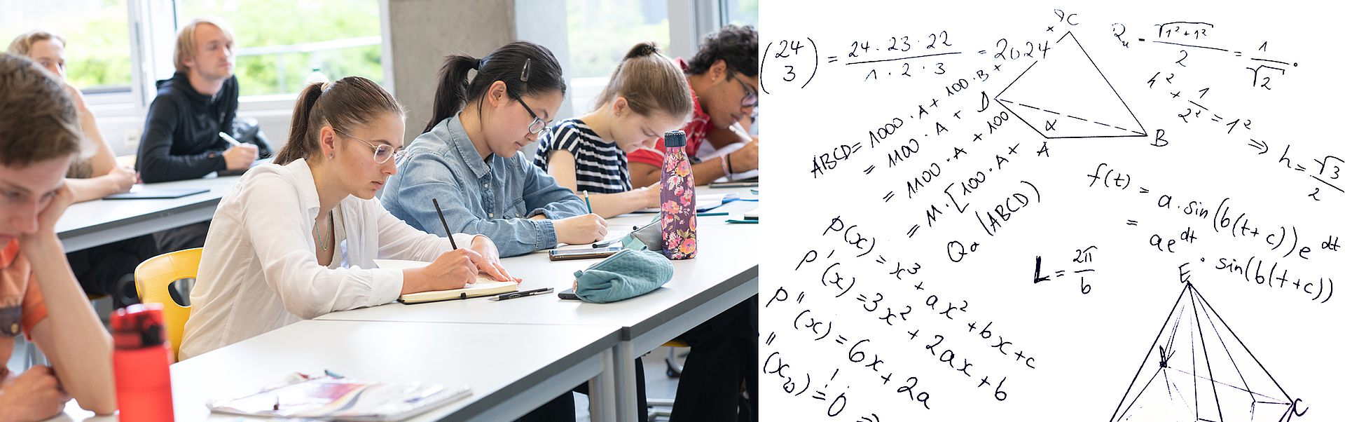 Ankündigung Tag der Mathematik 2026 mit Formeln und Schüler*innen