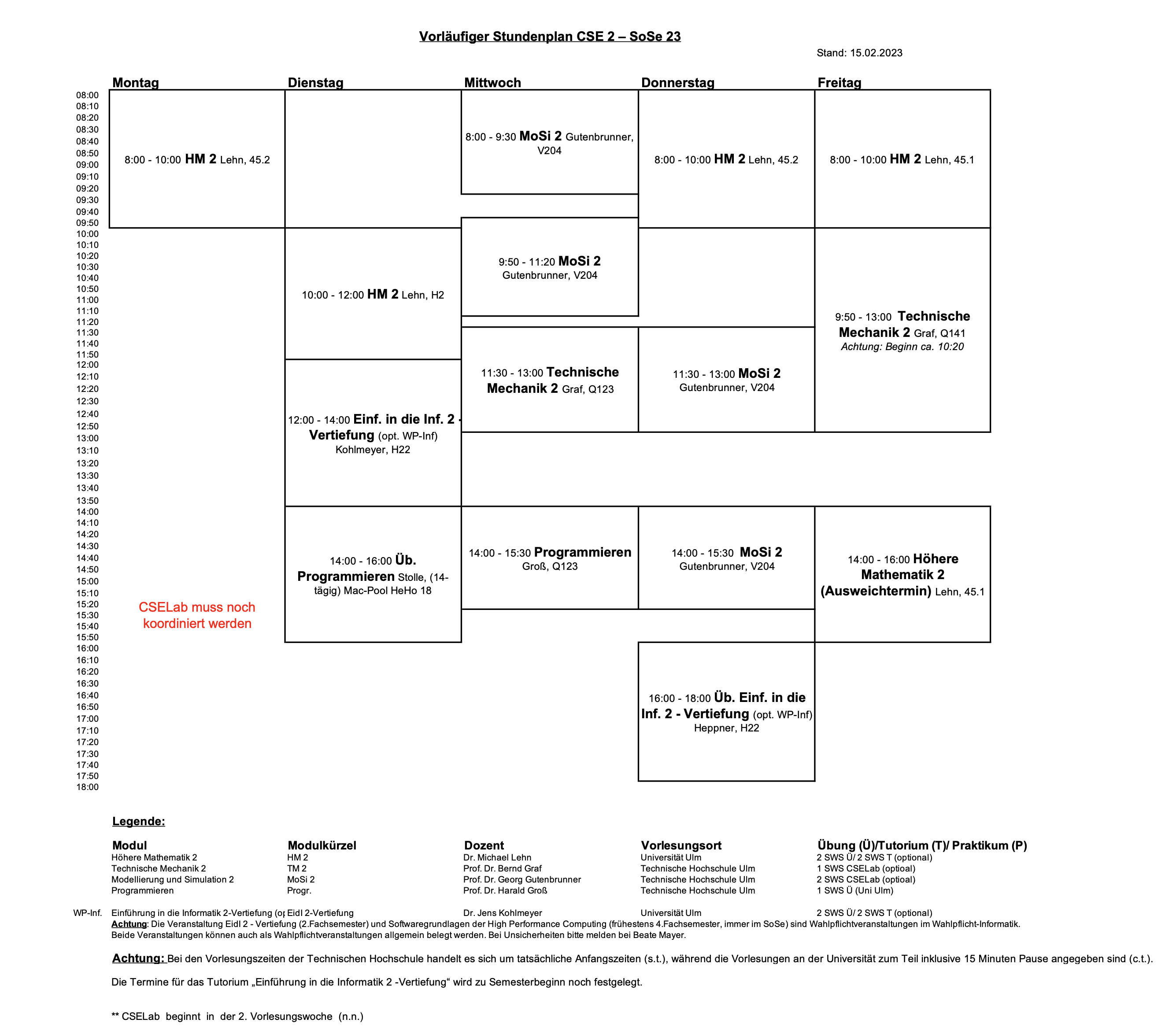 vorläufiger Stundenplan vom Studiengang CSE 2. Semester