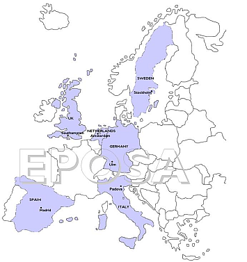 Landkarte der an EPOSA teilnehmenden Ländern (Deutschland, Die Niederlande, England, Italien, Schweden, Spanien) 
