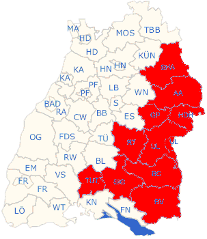 Landkarte von Baden-Württemberg. Die teilnehmenden Landkreise sind rot markiert.