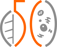 Vektor Logo, dass auf linker Seite aus einer orangenen Fünf und einer grauen Ergänzung zur Zahl ein Blatt bildet, auf der rechten Seite ist die Null als eine stilisierte Zelle dargestellt.
