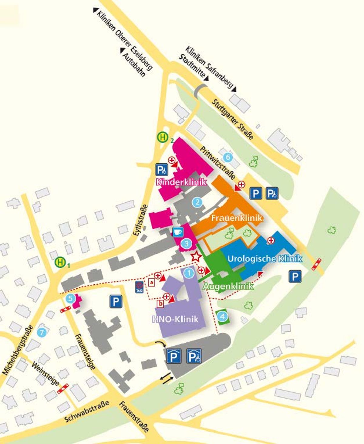Karte mit Gebäuden und Parkplätzen der Uni Ulm am Michelsberg