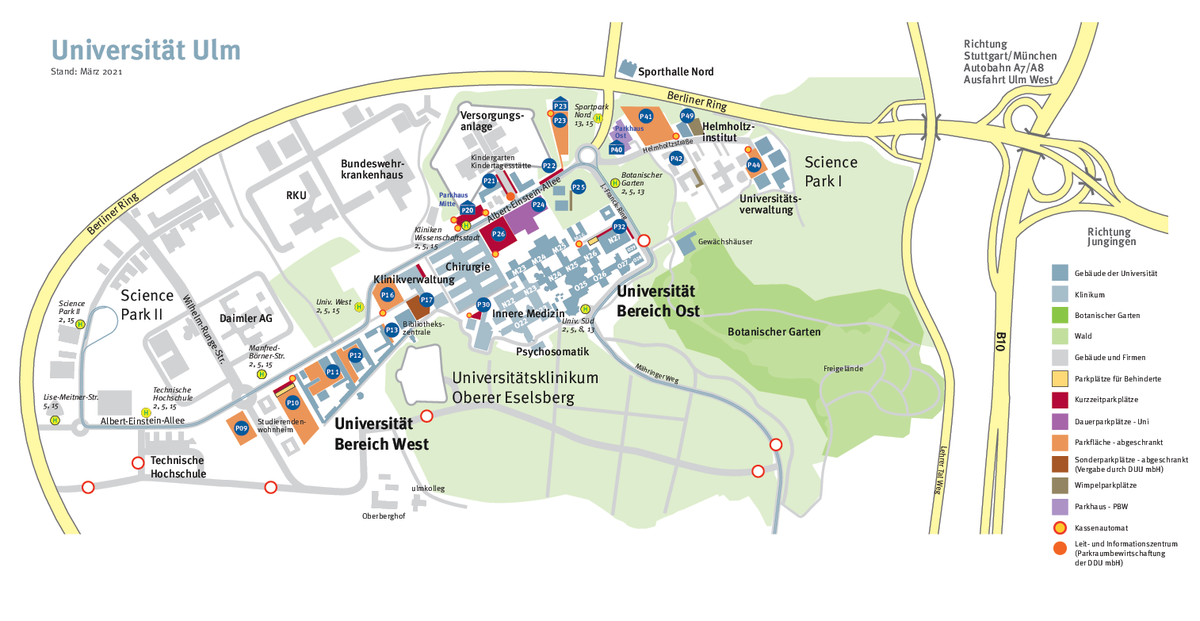 Karte mit Gebäuden und Parkplätzen auf dem Oberen Eselsberg