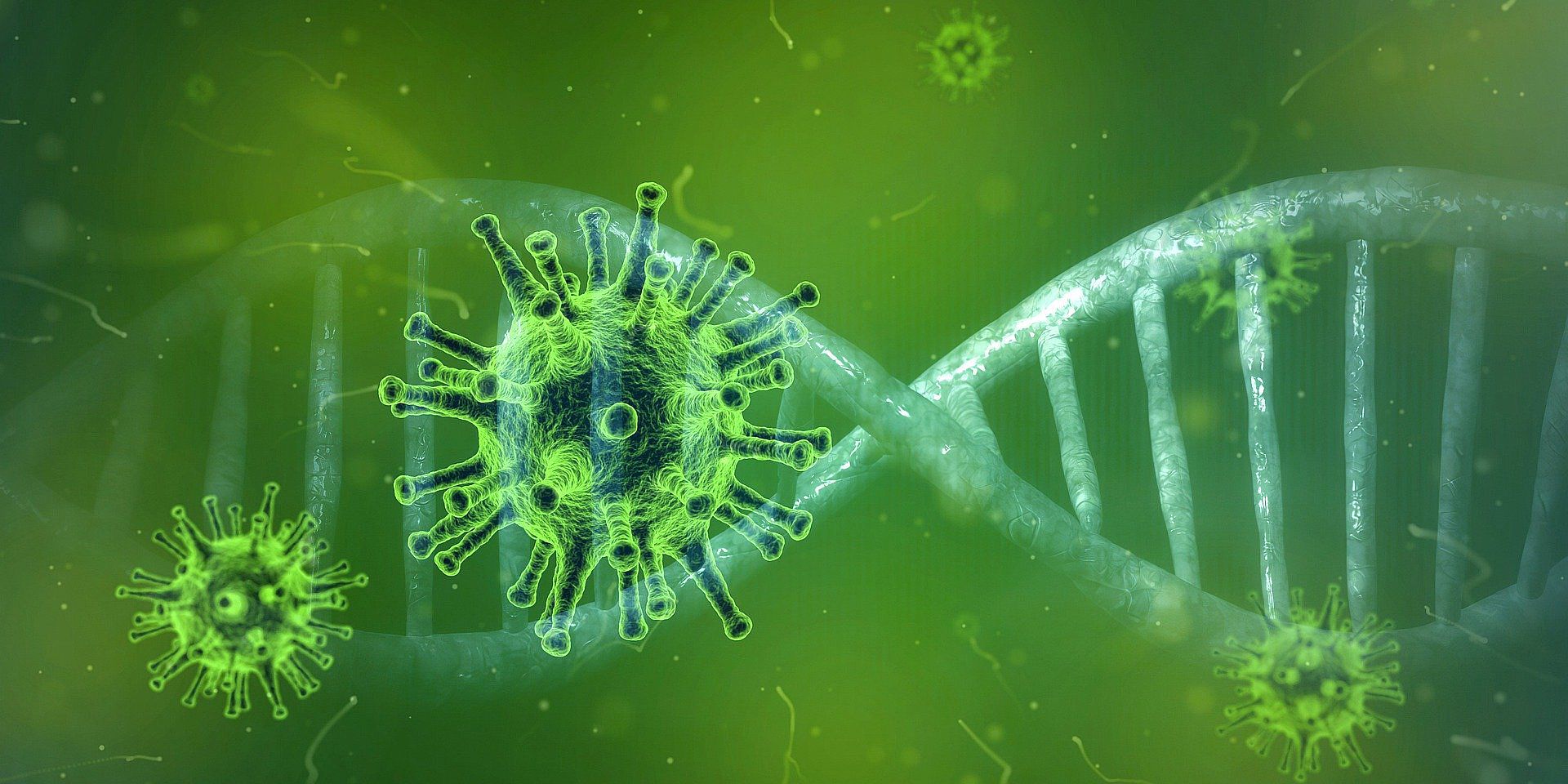 Bild von einem Virus mit einer DNA Struktur im Hintergrund