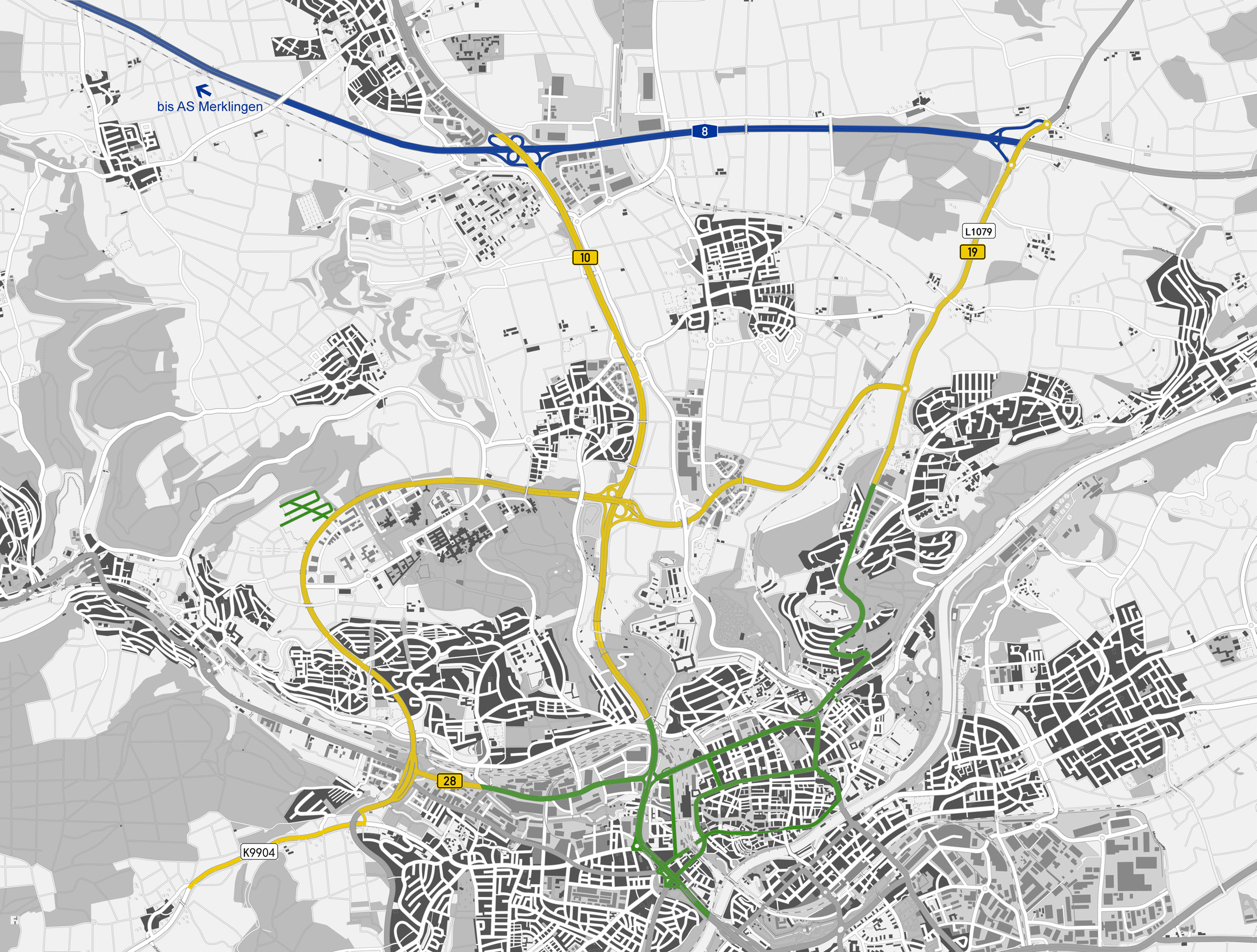 Kartengrundlage: © Stadt Ulm, Abteilung Vermessung Das Ulmer Testfeld umfasst alle Straßenkategorien wie Autobahnen, Landstraßen und innerstädtische Straßen auf kompaktem Raum