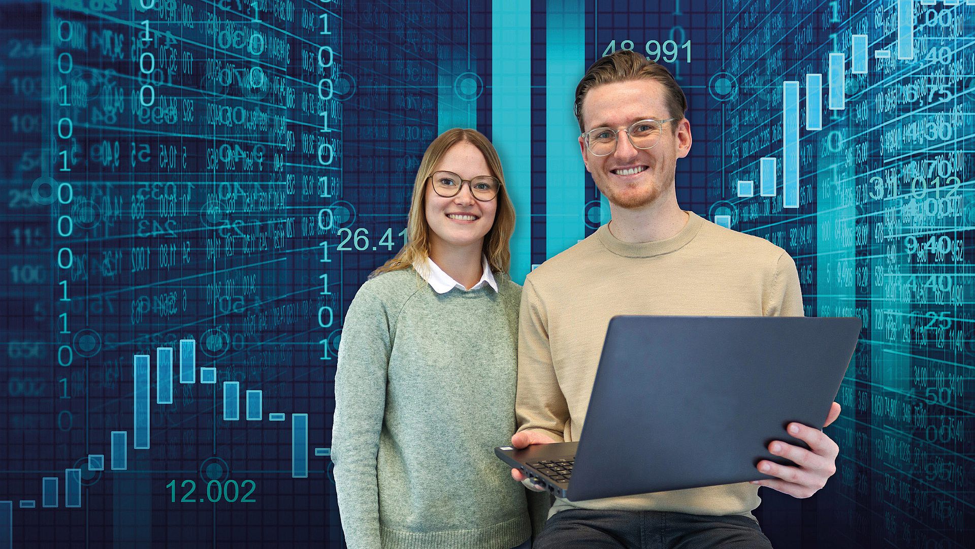 Students with laptops in front of graphs and curves in the background