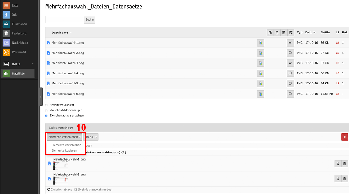 Mehrfachauswahl von Dateien und Datensätzen