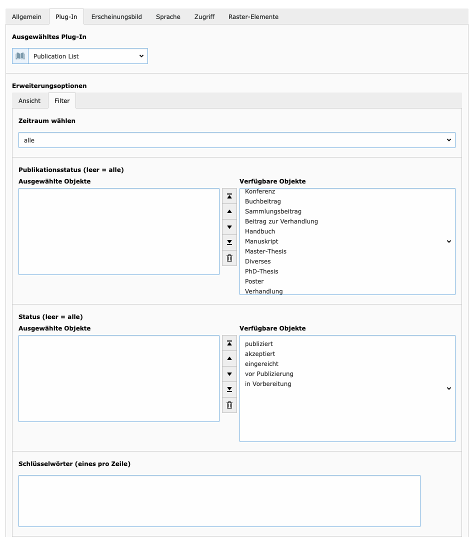 Publikationen Plugin Filter Felder oberer Teil