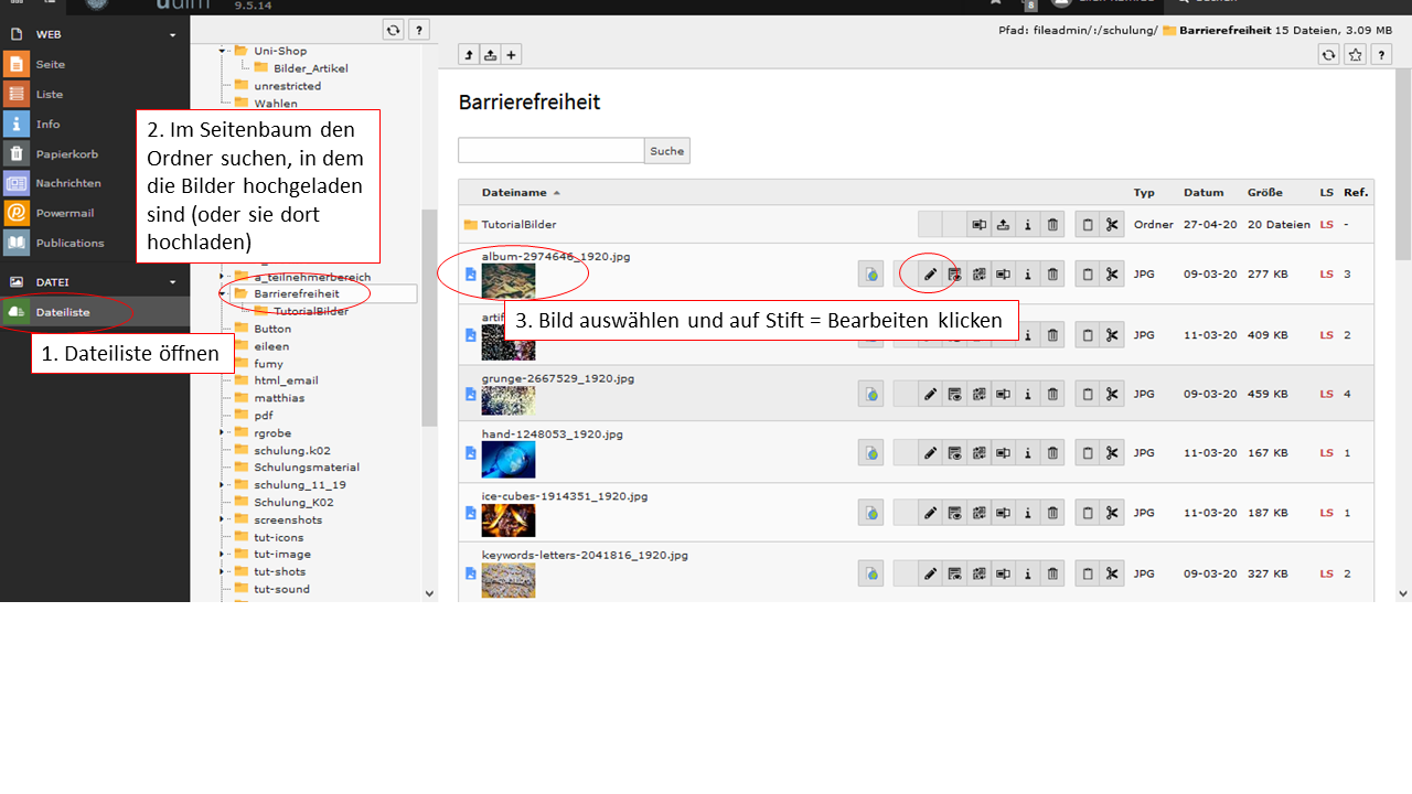 Screenshot aus dem TYPO3-Backend zeigt wie man Bilder und Grafiken barrierefrei macht Teil 1