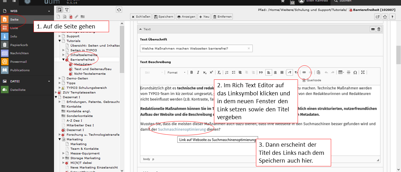 Screenshot aus dem TYPO3-Backend zeigt wie man Verlinkungen barrierefrei macht