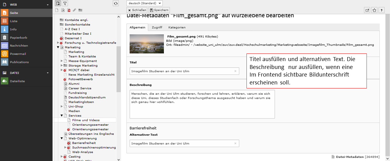 Screenshot aus dem TYPO3-Backend zeigt wie man Videos und Audiodateien barrierefrei macht