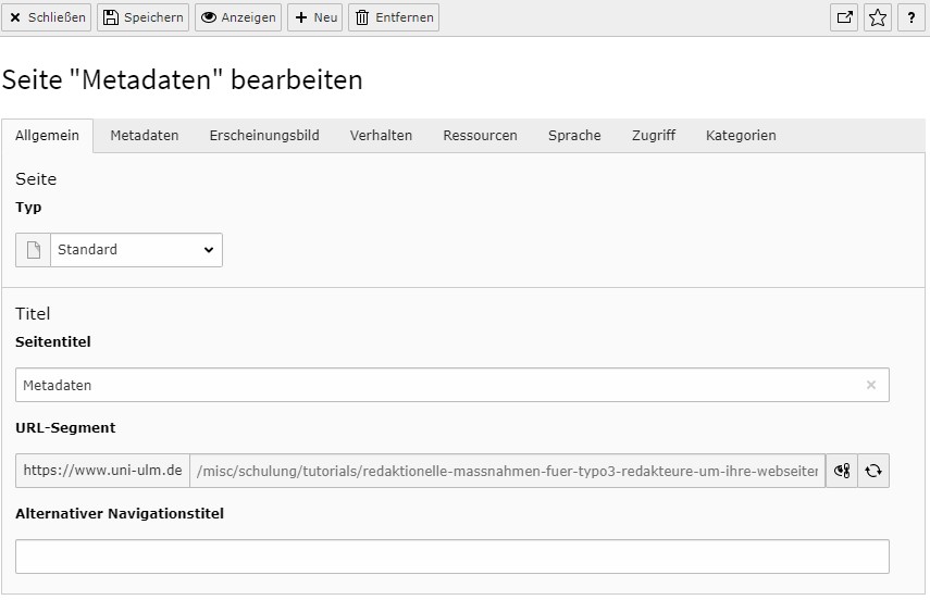 Screenshot aus dem TYPO3-Backend zeigt eine Möglichkeit wie Seiteneinstellungen bearbeitet werden