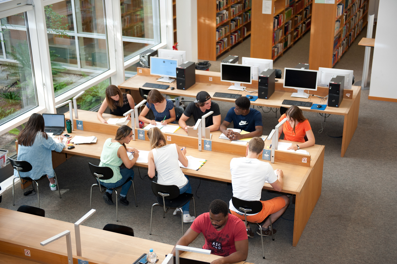 Eine Gruppe Studierender beim Lernen in der Bibliothek. Vogelperspektive