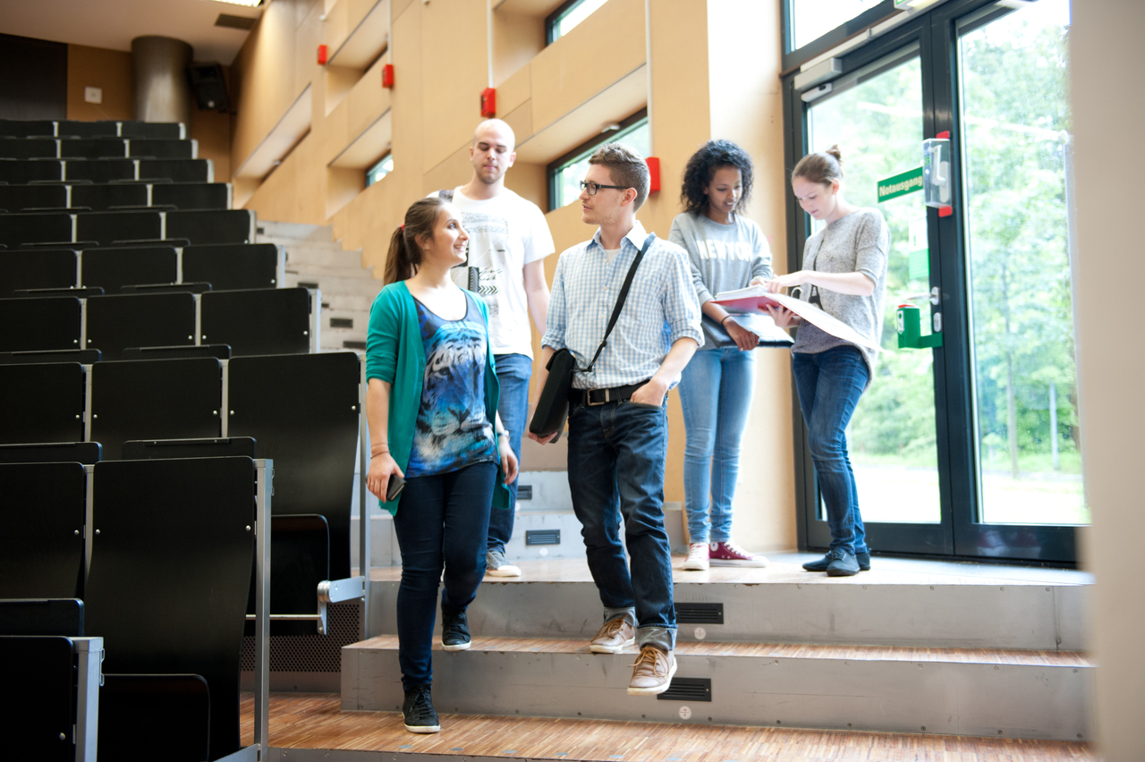 Eine Gruppe Studierender läuft die Treppe eines Hörsaals hinunter.