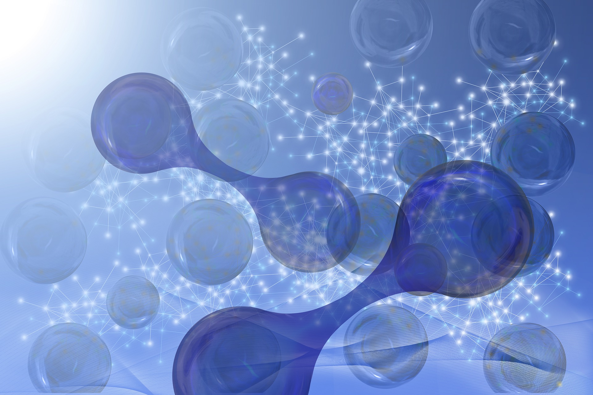 Das Bild zeigt eine abstrakte Darstellung von Wasserstoffmolekülen. Mehrere durchscheinende, blau schimmernde Kugeln sind über geschwungene Verbindungen miteinander verknüpft und erinnern an die typische Molekülstruktur von H₂. Im Hintergrund leuchten feine, vernetzte Linien und Punkte auf hellblauem Grund, die an Energienetze oder digitale Datenströme erinnern. Das Bild vermittelt einen futuristischen Eindruck und symbolisiert Wasserstoff als saubere, vernetzte Energieform der Zukunft.