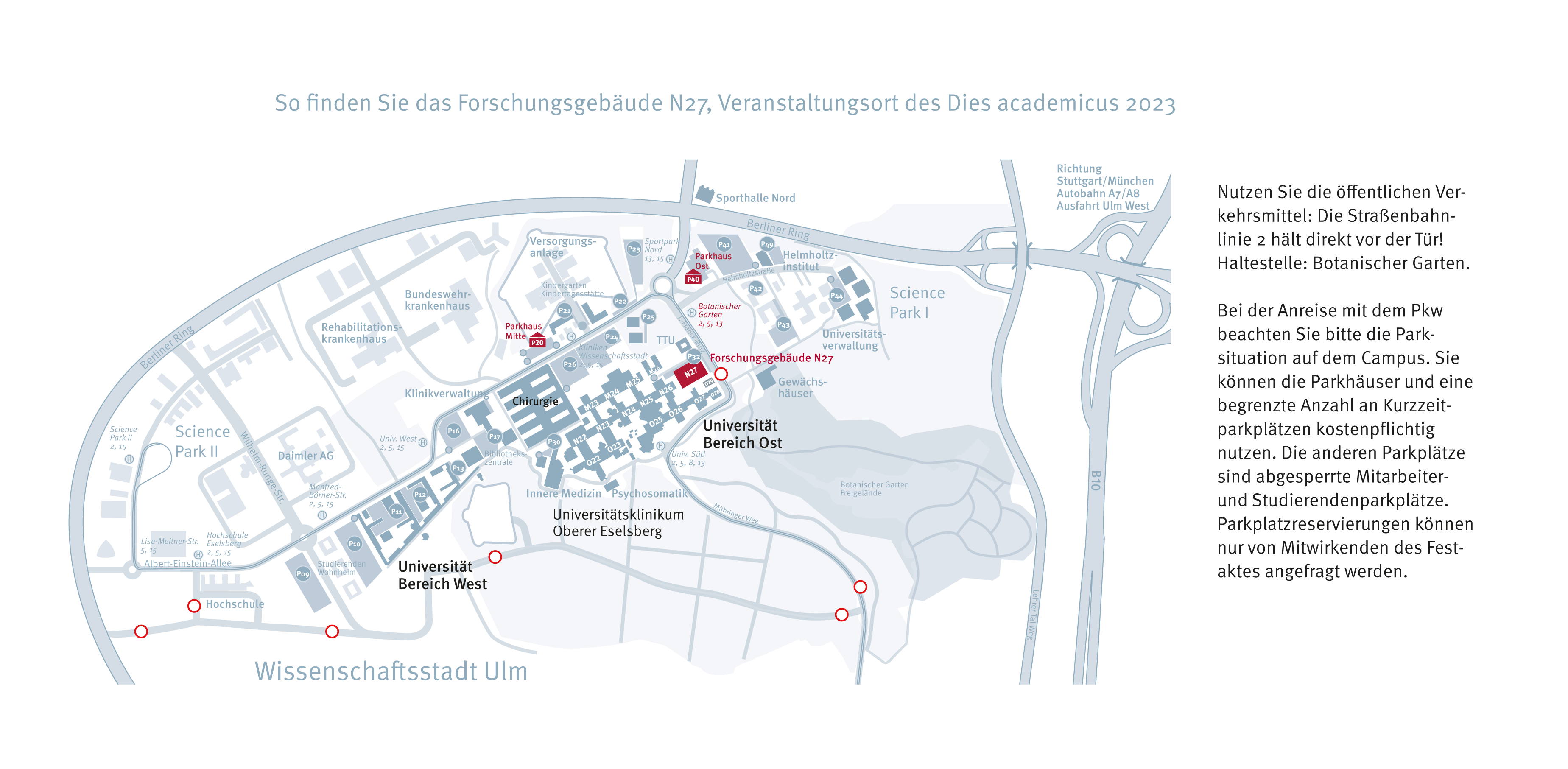 Anfahrtsskizze zum Dies academicus der Universität Ulm am 03.02.2023. Bild klicken für PDF Download.
