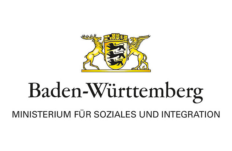 Wappen des Landes Baden-Württemberg mit drei schwarzen Löwen auf gelbem Grund und darunterstehendem Schriftzug des Ministeriums für Soziales und Integration