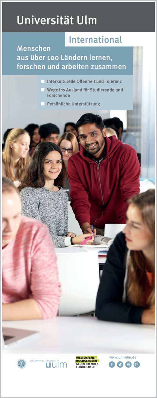 Banner mit Foto von Studierenden und Text: "International- Menschen aus über 100 Ländern lernen, forschen und arbeiten zusammen"