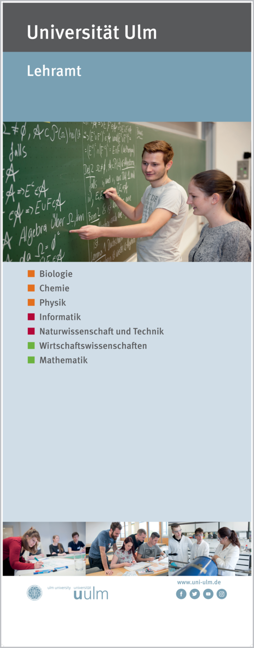 Banner mit Foto von Studierenden und einer Gesamtübersicht der Lehramts-Studiengänge an der Universität Ulm