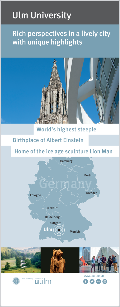 Banner mit Deutschlandkarte und Alleinstellungsmerkmale Ulms auf Englisch
