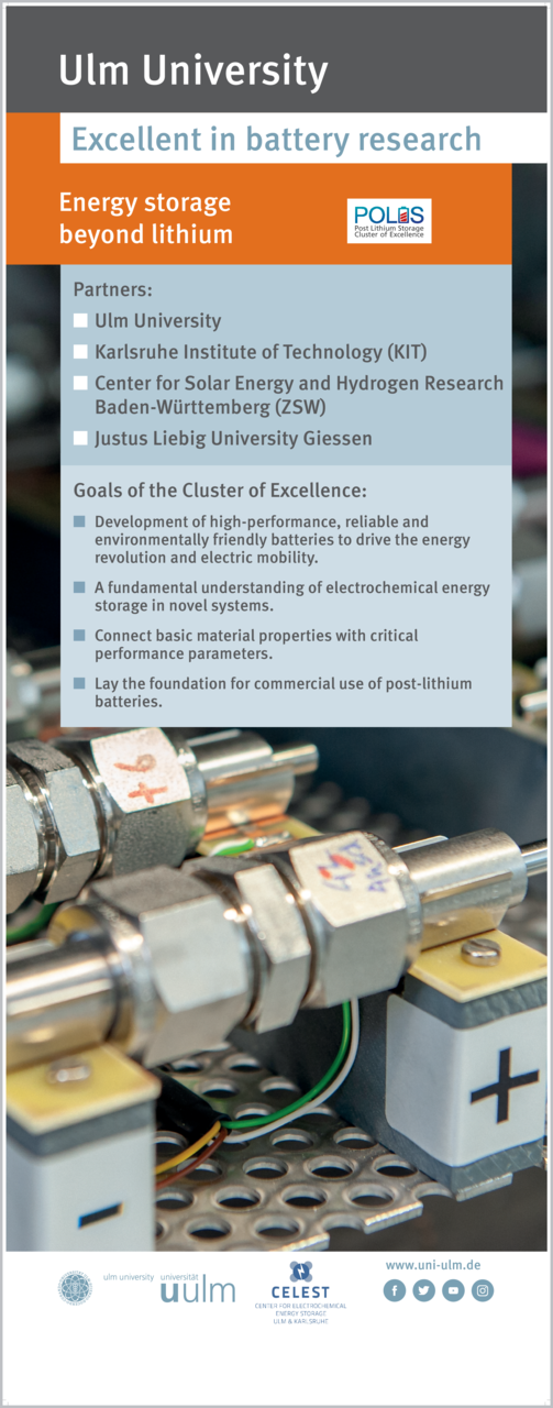 Banner mit Foto und Informationen zur Batterieforschung in Ulm auf Englisch