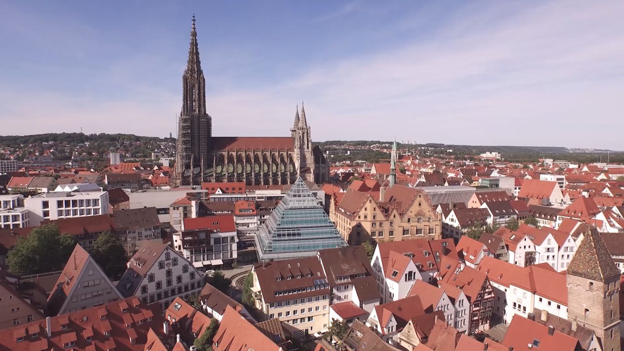 Elevated view on downtown Ulm. Thumbnail links to the video.