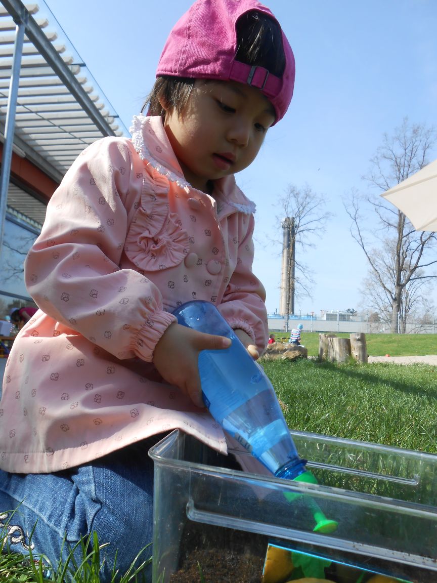 Kindergartenmädchen gießt im Garten mit Wasserflasche