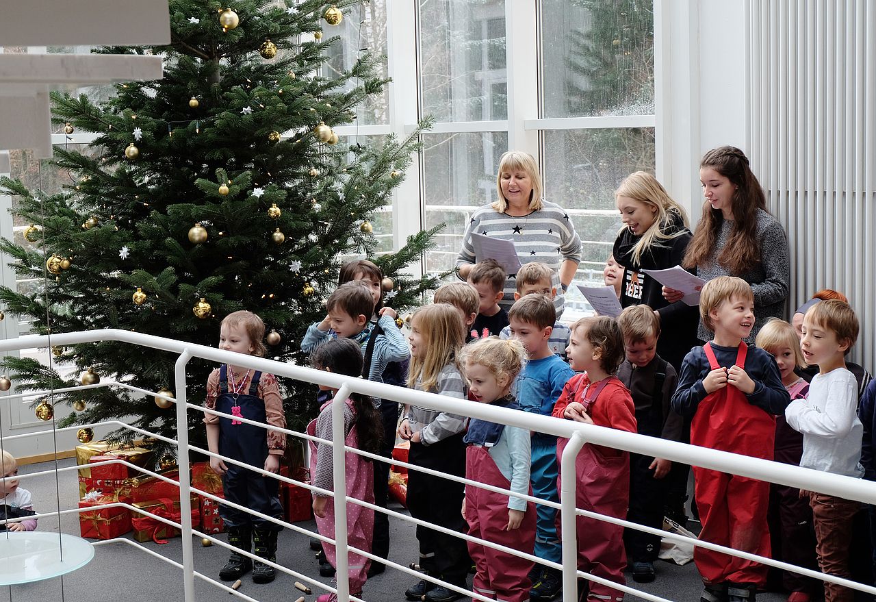 Blick von vorne auf Kindergartengruppe neben dem Weihnachtsbaum
