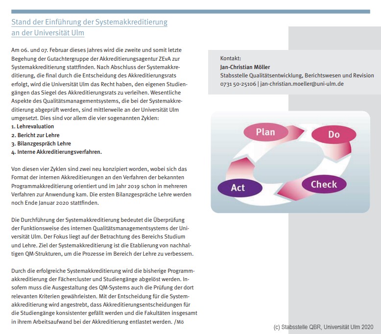 Newsletterbeitrag-ZUV Nr. 1-2020: Bild des Beitrags. Es beinhaltet die Kontaktdaten des Autors, das Symbolbild QM mit Plan-Do-Check-Act Kreislauf.