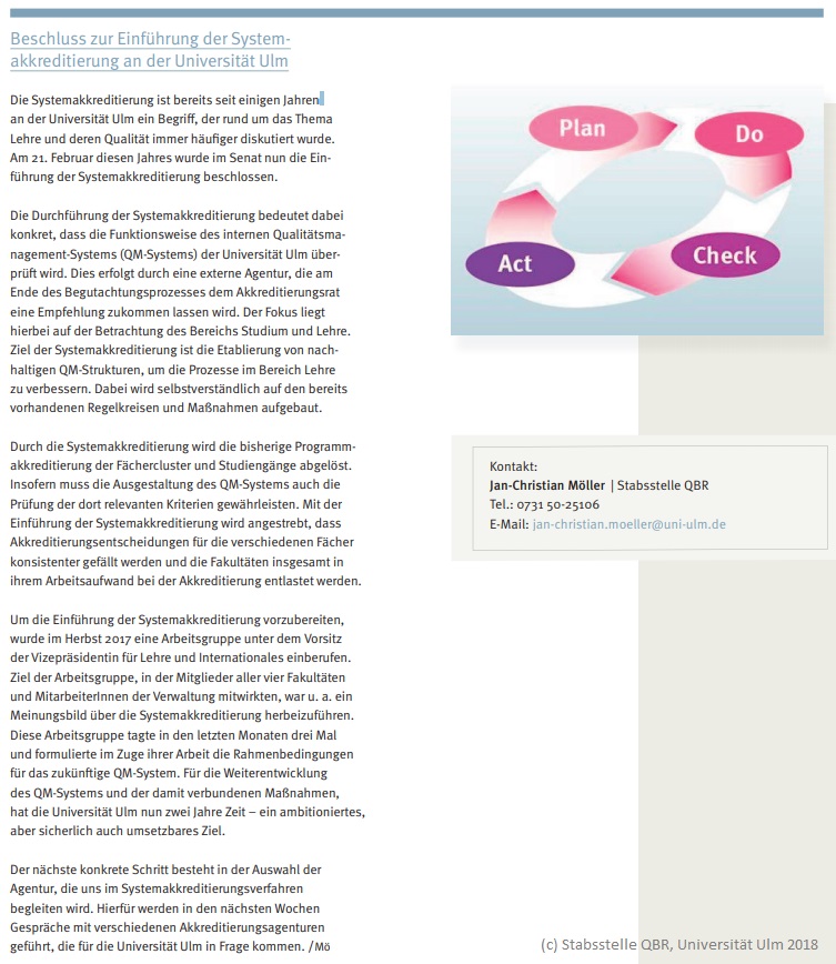 Newsletterbeitrag-ZUV Nr. 2-2018: Bild des Beitrags. Es beinhaltet die Kontaktdaten des Autors, das Symbolbild QM mit Plan-Do-Check-Act Kreislauf.